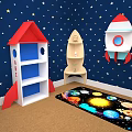 Kids Room Space Theme Storage Shelves With Rocket Boat Shapes Starry Wall And Carpet