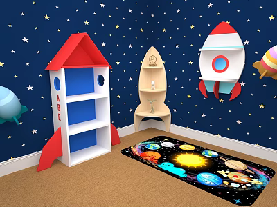 Kids Room Space Theme Storage Shelves With Rocket Boat Shapes Starry Wall And Carpet 3d model
