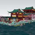 Traditional Chinese Water Pavilion With Red Structure Green Roof Pink Cherry Blossoms And Lanterns