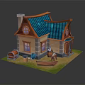 Cartoon House Scene With Blue Roof Orange Eaves Beige Walls Round Windows And Small Boat