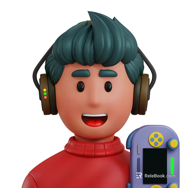 Smiling Man in Red Turtleneck Sweater Wearing Headphones Holding Purple Game Controller with Colorful Buttons 3d model 