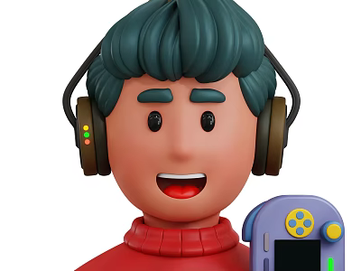 Smiling Man in Red Turtleneck Sweater Wearing Headphones Holding Purple Game Controller with Colorful Buttons 3d model