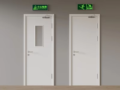Double White Emergency Exit Doors With Green Signs In Corridor Interior 3d model