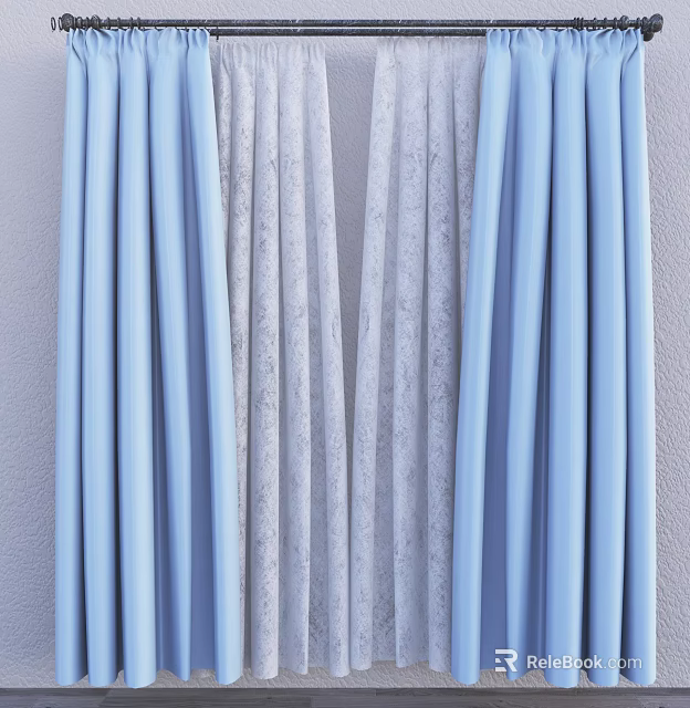 Light Blue Layered Curtains With Patterned Inner Panel And Soft Fabric 3d model