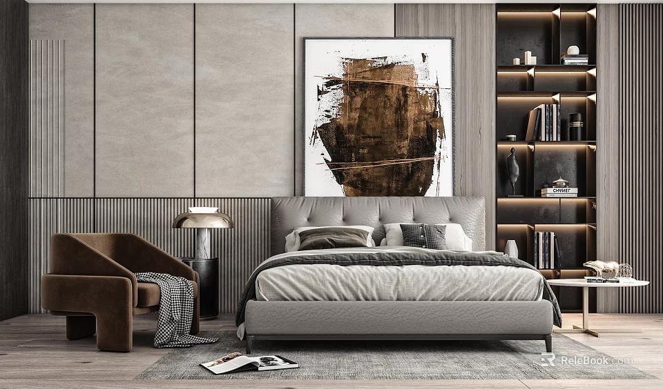 Modern Bedroom Interior With Double Bed Upholstered Headboard Abstract Painting Brown Armchair And Bookshelf 3d model 