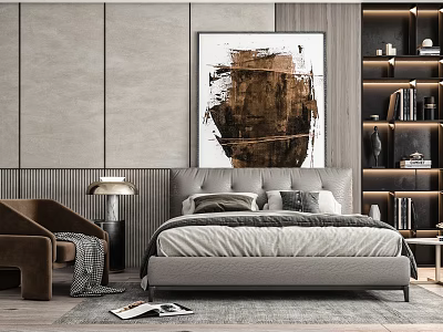 Modern Bedroom Interior With Double Bed Upholstered Headboard Abstract Painting Brown Armchair And Bookshelf 3d model
