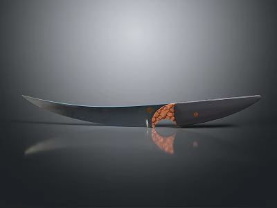 Sleek Curved Knife With Shiny Metal Blade And Ornate Copper Handle On Dark Reflective Surface 3d model