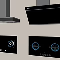 Modern Kitchen Appliances Black Glass Gas Stoves with Blue Flame and Stainless Steel Range Hoods