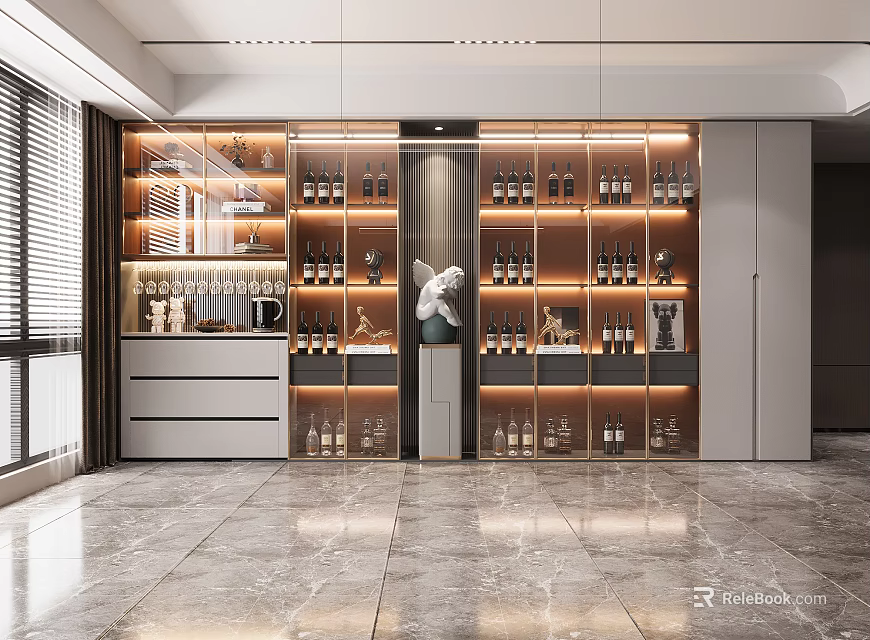 Modern Wine Cabinet Interior Design With LED Lighting Glass Doors And Wine Bottle 3d model 