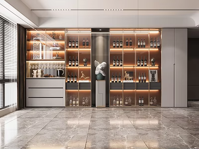 Modern Wine Cabinet Interior Design With LED Lighting Glass Doors And Wine Bottle 3d model
