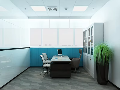 Modern Office Space With Blue Walls Black Desk Computer Chairs Glass Cabinet And Green Plant 3d model