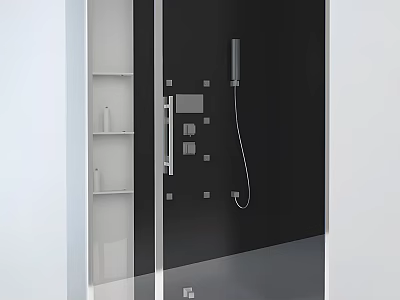 Modern Shower Sauna Interior With Glass Door Black Wall And Shower Shelves 3d model