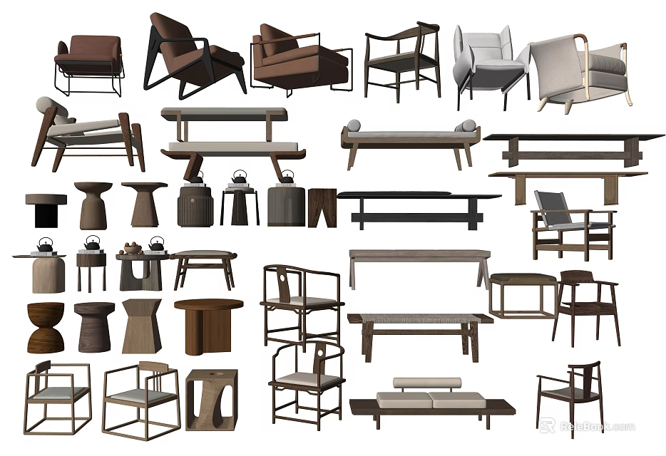 Elegant Modern Bed Bench Collection With Wooden Frames And Upholstered Seats Design 3d model 