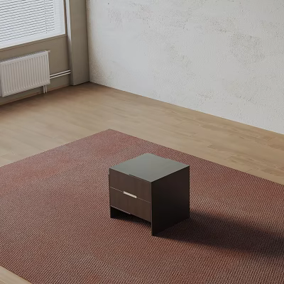 Modern Dark Wooden Bedside Table With Drawer On Red Carpet And Light Wall 3d model