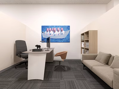 Modern Office Interior With White Desk Black Chair Beige Sofa Wooden Bookshelf And Decorative Painting 3d model