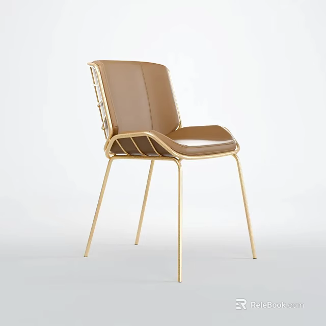 Stylish Brown Leather Leisure Chair With Gold Metal Modern Frame Design 3d model 