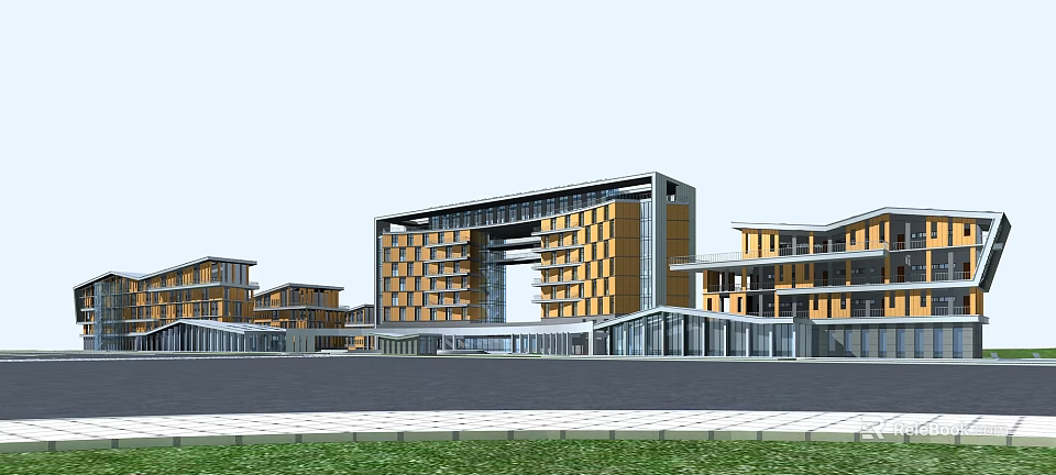 Modern Office Building With Yellow Exterior Glass Curtain Walls And Spacious Plaza 3d model 