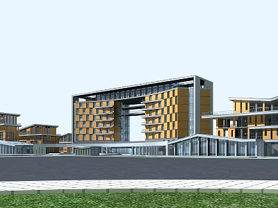 Modern Office Building With Yellow Exterior Glass Curtain Walls And Spacious Plaza 3d model