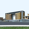 Modern Office Building With Yellow Exterior Glass Curtain Walls And Spacious Plaza