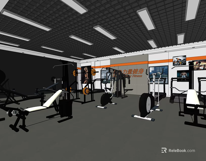 Spacious Gym Interior With Various Fitness Equipment Benches Dumbbells Barbells And Tires 3d model 