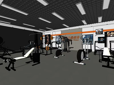 Spacious Gym Interior With Various Fitness Equipment Benches Dumbbells Barbells And Tires 3d model