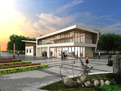 Modern Building With Glass Facade Surrounded By Plaza Greenery People Gathering At Sunset 3d model