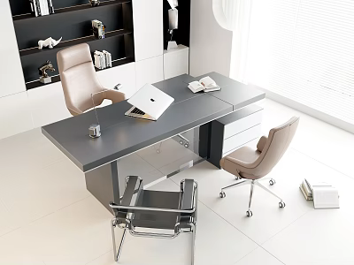 Modern Office Desk With Laptop Books Cup Beige Black Metal Frame Chairs And Bright Window 3d model