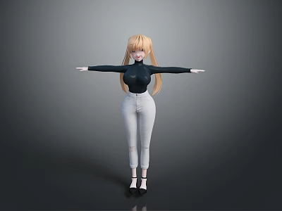 Woman Blonde Hair Black Turtleneck White Ripped Jeans Black Heels Arms Outstretched Against Gray Background 3d model