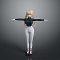 Woman Blonde Hair Black Turtleneck White Ripped Jeans Black Heels Arms Outstretched Against Gray Background