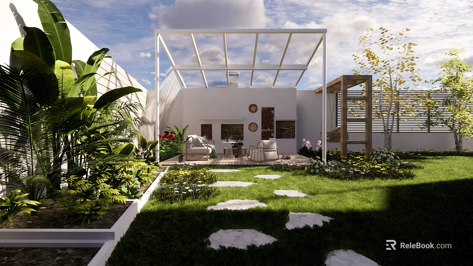Courtyard Garden Design With Glass Roof Green Plants White Walls And Stepping Stones 3d model 