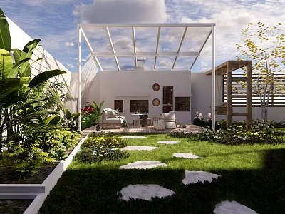 Courtyard Garden Design With Glass Roof Green Plants White Walls And Stepping Stones 3d model