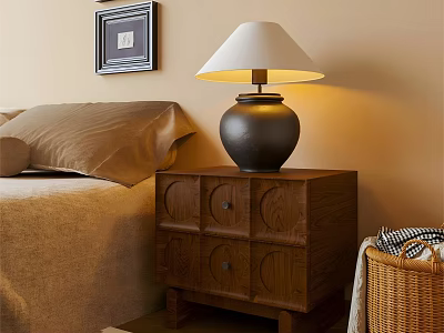 Wooden Bedside Table With Lampshade And Drawers In Cozy Bedroom Near Framed Art And Pillows 3d model