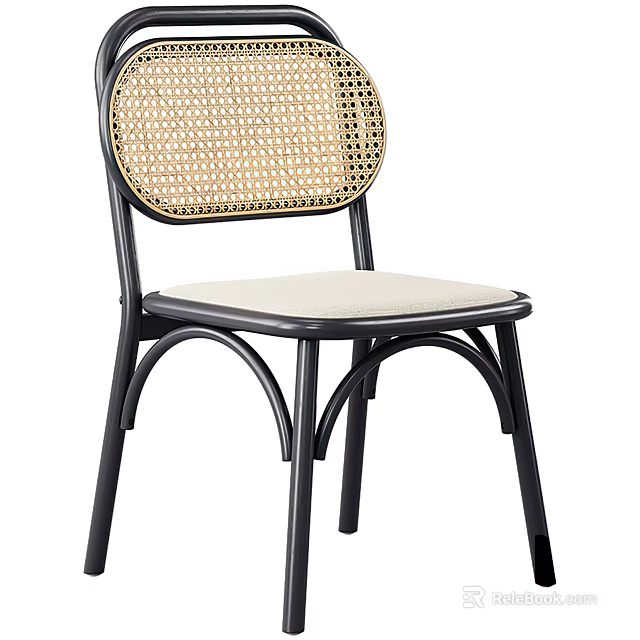 Stylish Leisure Chair With Woven Backrest Black Metal Frame And Beige Cushion 3d model 
