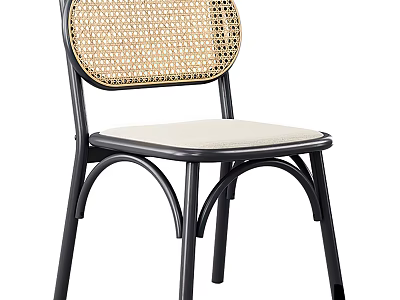 Stylish Leisure Chair With Woven Backrest Black Metal Frame And Beige Cushion 3d model