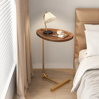 Wooden Bedside Table with Golden Stand Table Lamp Coffee Cup and Book in Modern Bedroom 3d model