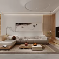 Modern Living Room Interior With L shaped Sofa Coffee Table Decorative Painting And Wooden Lattice