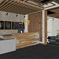 Rustic Modern Hotel Lobby Interior With Wooden Ceiling Reception Desk And Lighting 3d model