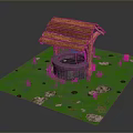 Wooden Well Frame With Stone Base Surrounded By Green Grass Decorative Stones And Mushrooms