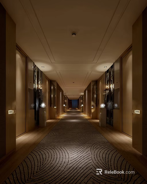 Elegant Hotel Corridor with Wooden Walls Warm Lighting Patterned Carpet and Room Number Signs 3d model 