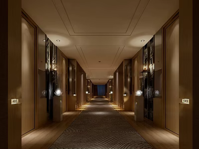 Elegant Hotel Corridor with Wooden Walls Warm Lighting Patterned Carpet and Room Number Signs 3d model