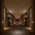 Elegant Hotel Corridor with Wooden Walls Warm Lighting Patterned Carpet and Room Number Signs