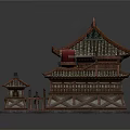 Cartoon Style Chinese Traditional Building Scene With Curved Eaves Tiled Roof And Red Doors
