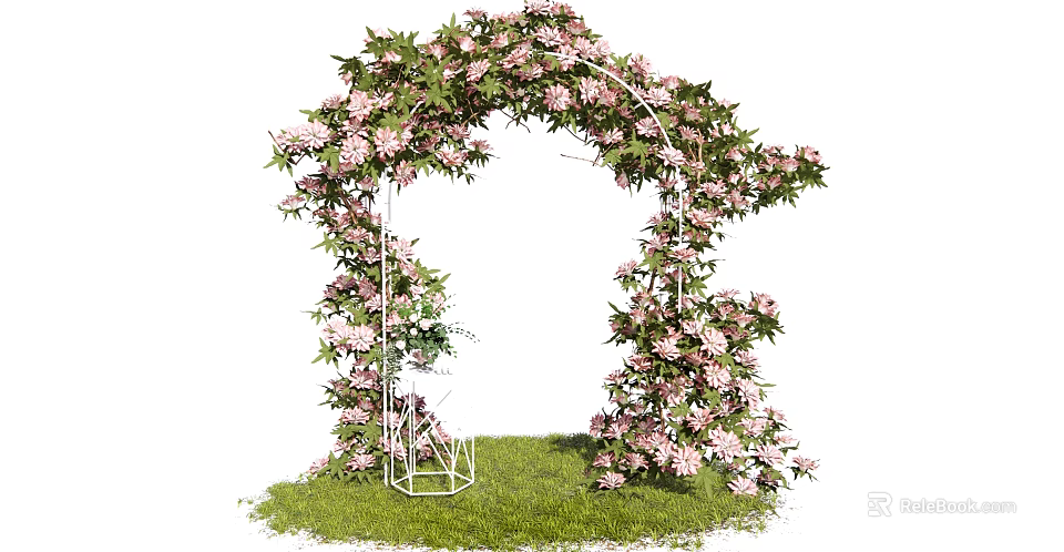 Beautiful Event Entrance Arch Decorated With Pink Flowers Green Leaves And White Frame On Grass 3d model 