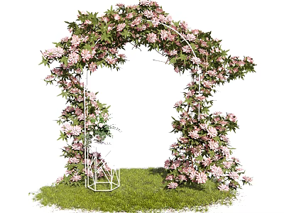 Beautiful Event Entrance Arch Decorated With Pink Flowers Green Leaves And White Frame On Grass 3d model