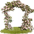 Beautiful Event Entrance Arch Decorated With Pink Flowers Green Leaves And White Frame On Grass