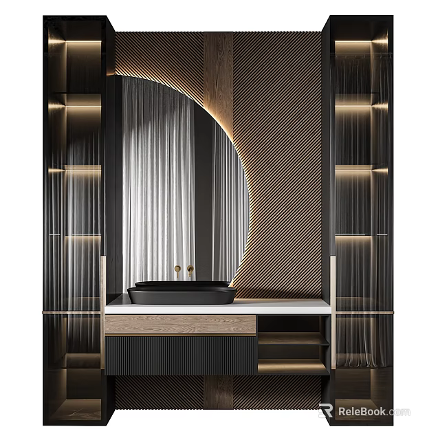 Elegant Modern Bathroom Ensemble With Round Mirror And Wall Mounted Vanity 3d model 