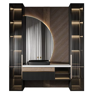 Elegant Modern Bathroom Ensemble With Round Mirror And Wall Mounted Vanity 3d model