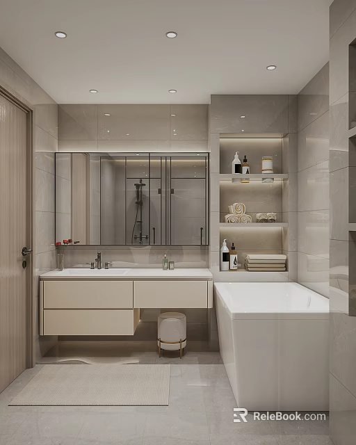 Modern Bathroom Interior Design With Double Vanity Large Mirror Niche Shelves And Bathtub 3d model 