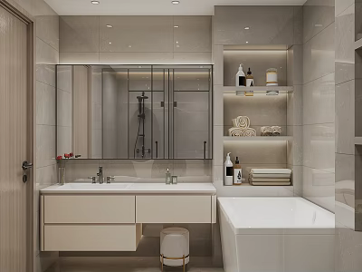 Modern Bathroom Interior Design With Double Vanity Large Mirror Niche Shelves And Bathtub 3d model