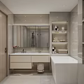 Modern Bathroom Interior Design With Double Vanity Large Mirror Niche Shelves And Bathtub